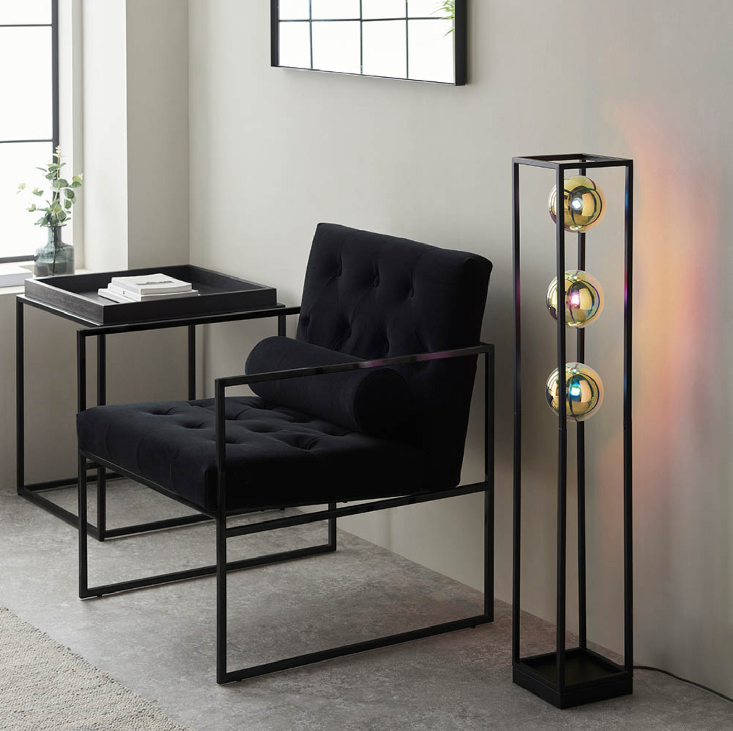 Matt Black Open Frame Floor Light With Iridescent Glass - ID 12102