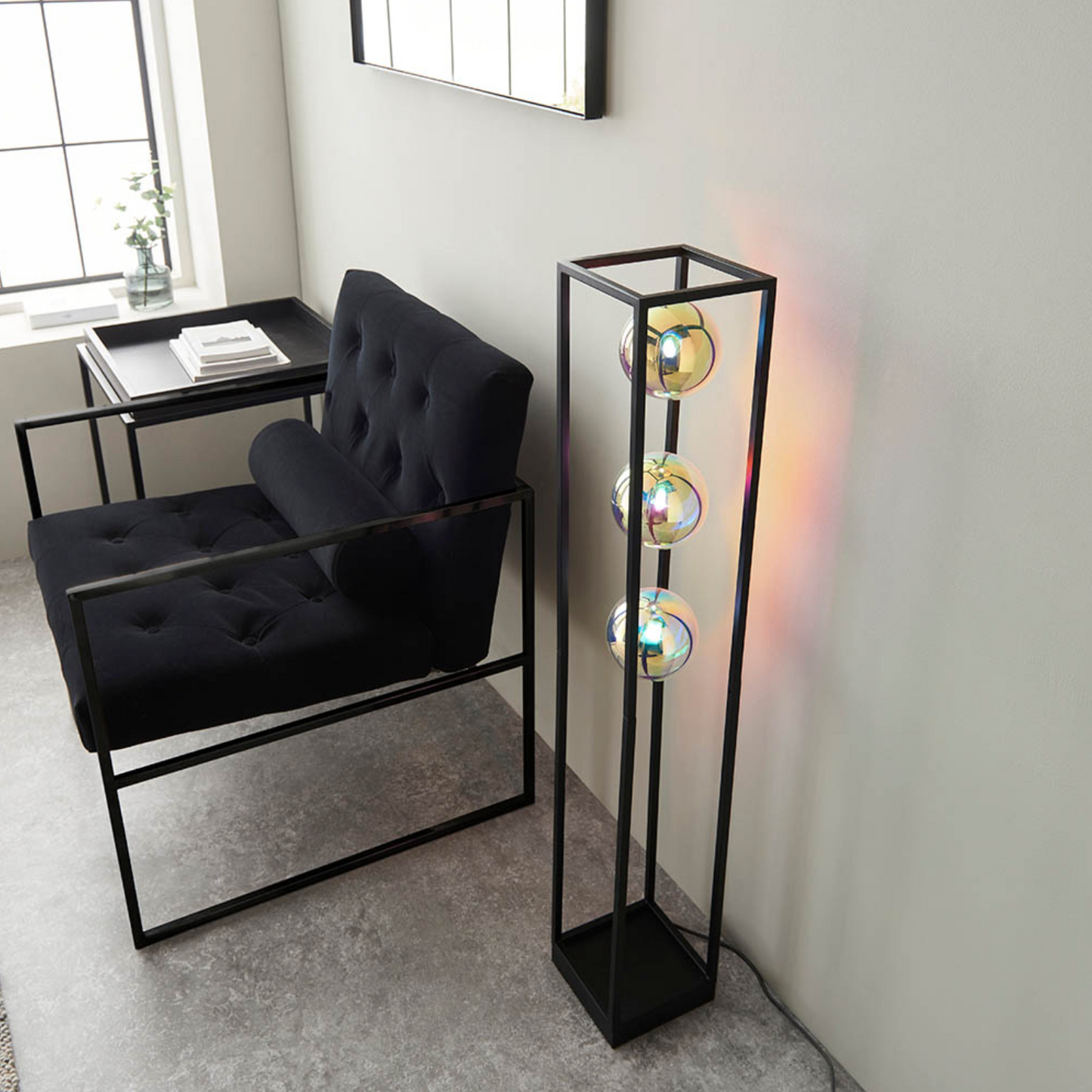 Matt Black Open Frame Floor Light With Iridescent Glass - ID 12102