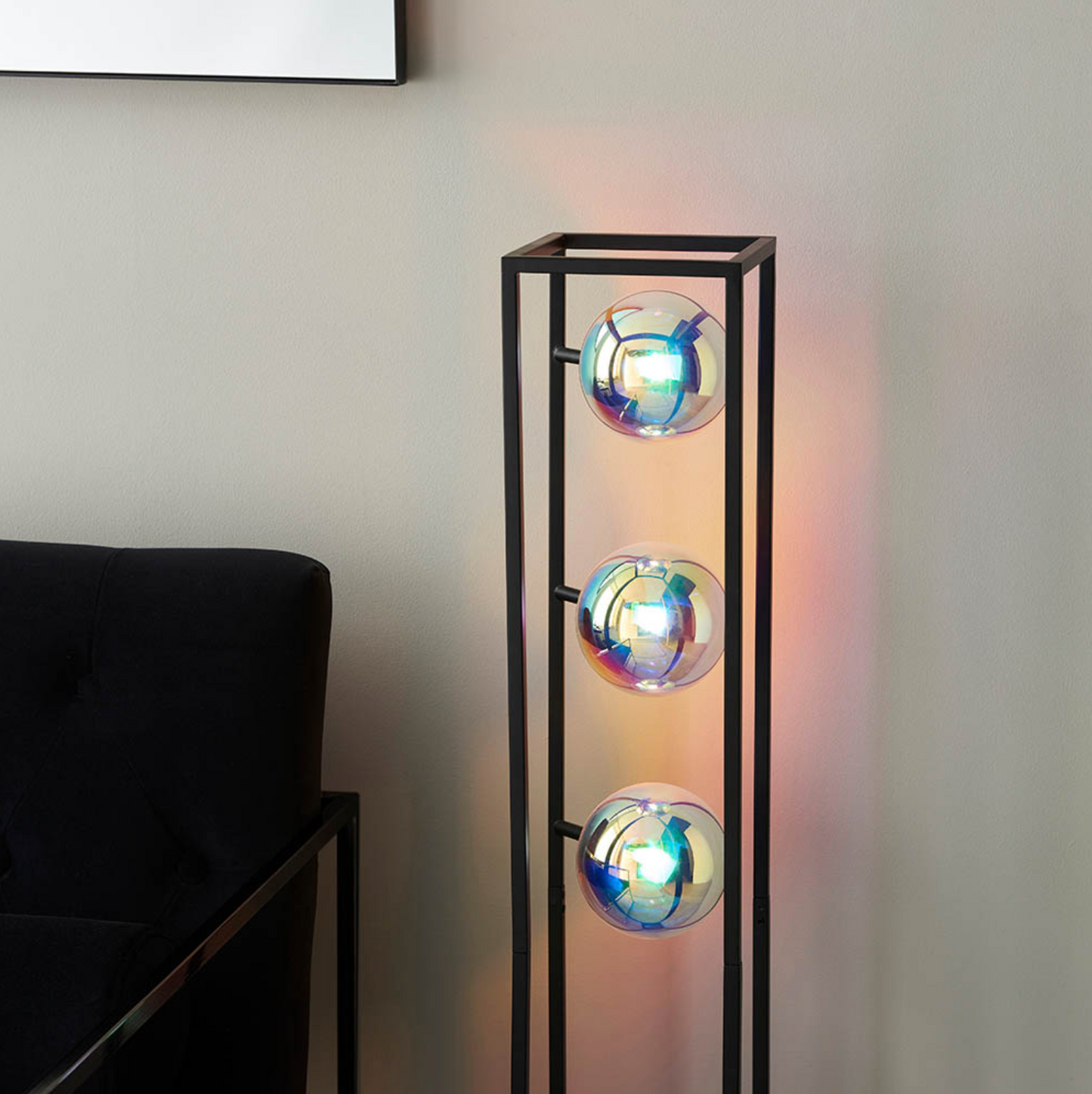 Matt Black Open Frame Floor Light With Iridescent Glass - ID 12102