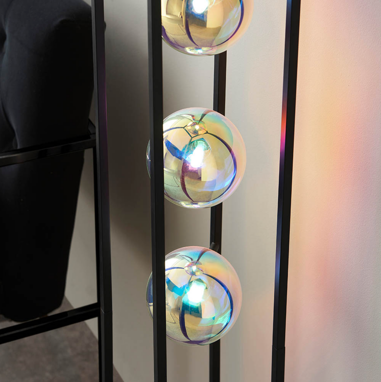 Matt Black Open Frame Floor Light With Iridescent Glass - ID 12102