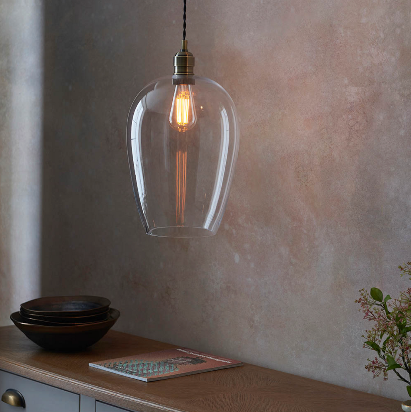 Clear Glass & Antique Brass Large Pendant - ID 12106