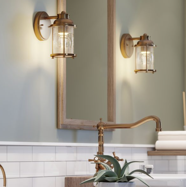 Nautilus Brass & Seeded Clear Glass IP44 Bathroom Wall Light