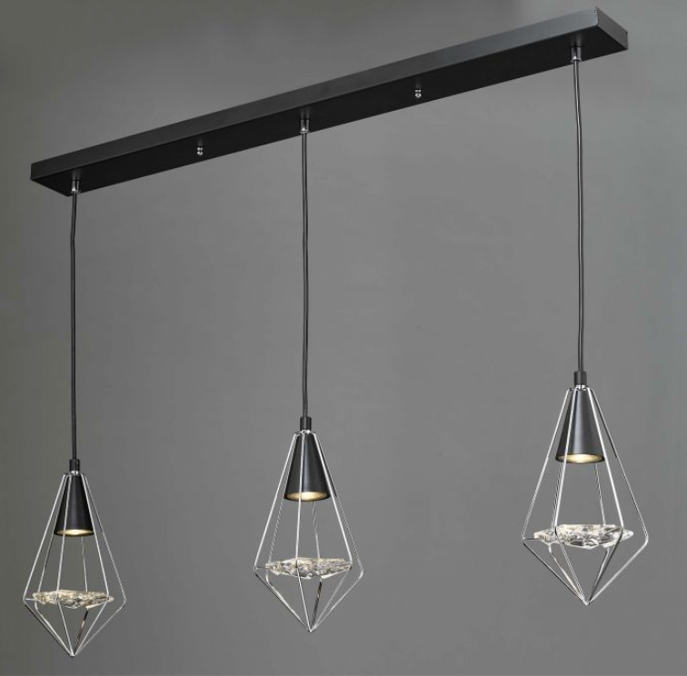 Torridon 3 Light Linear Bar Pendant In Black & Chrome With Glass Feature - 9490