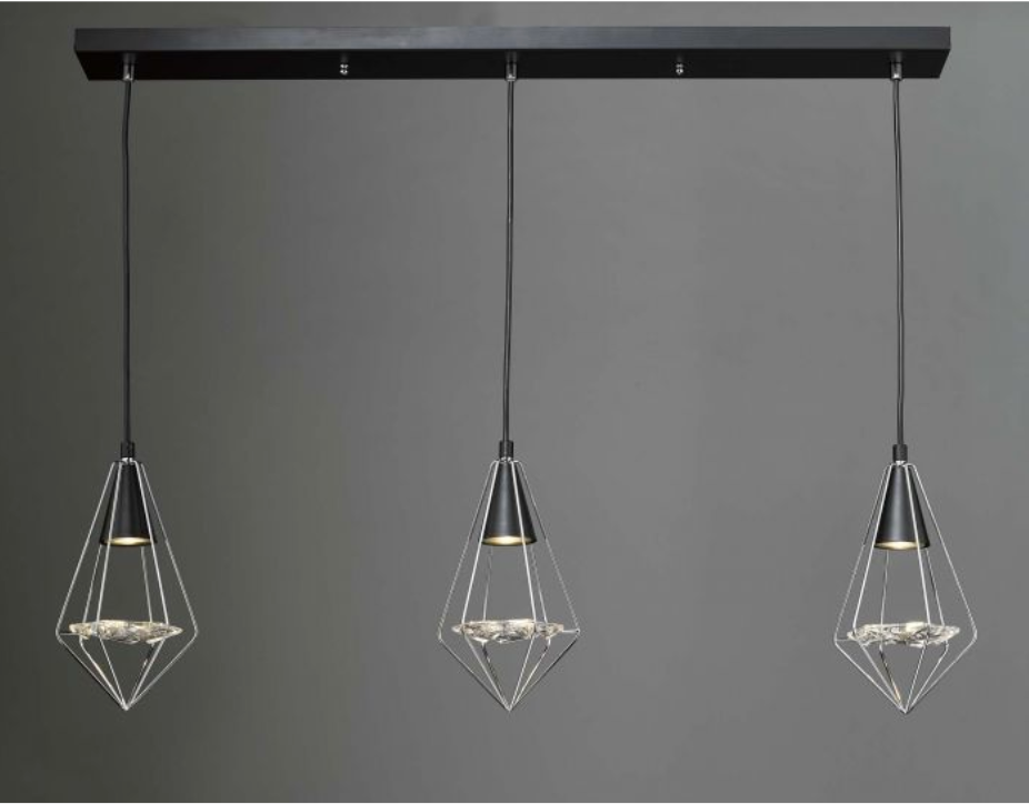 Torridon 3 Light Linear Bar Pendant In Black & Chrome With Glass Feature - 9490