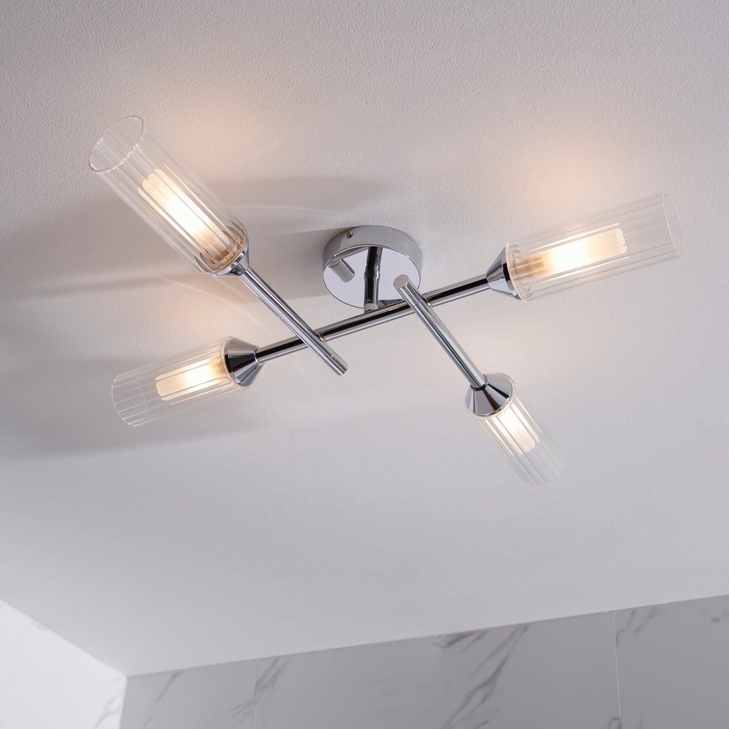 Polished Chrome & Ribbed Glass Four Lamp IP44 Semi-Flush Ceiling Light - ID 11637