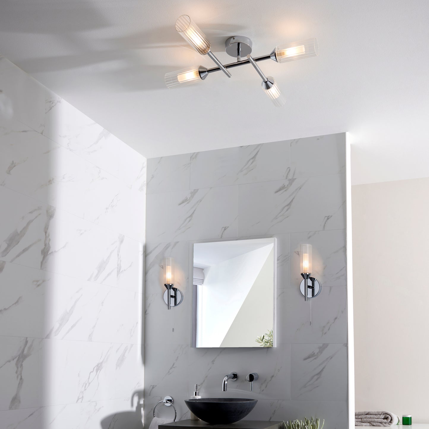 Polished Chrome & Ribbed Glass Four Lamp IP44 Semi-Flush Ceiling Light - ID 11637