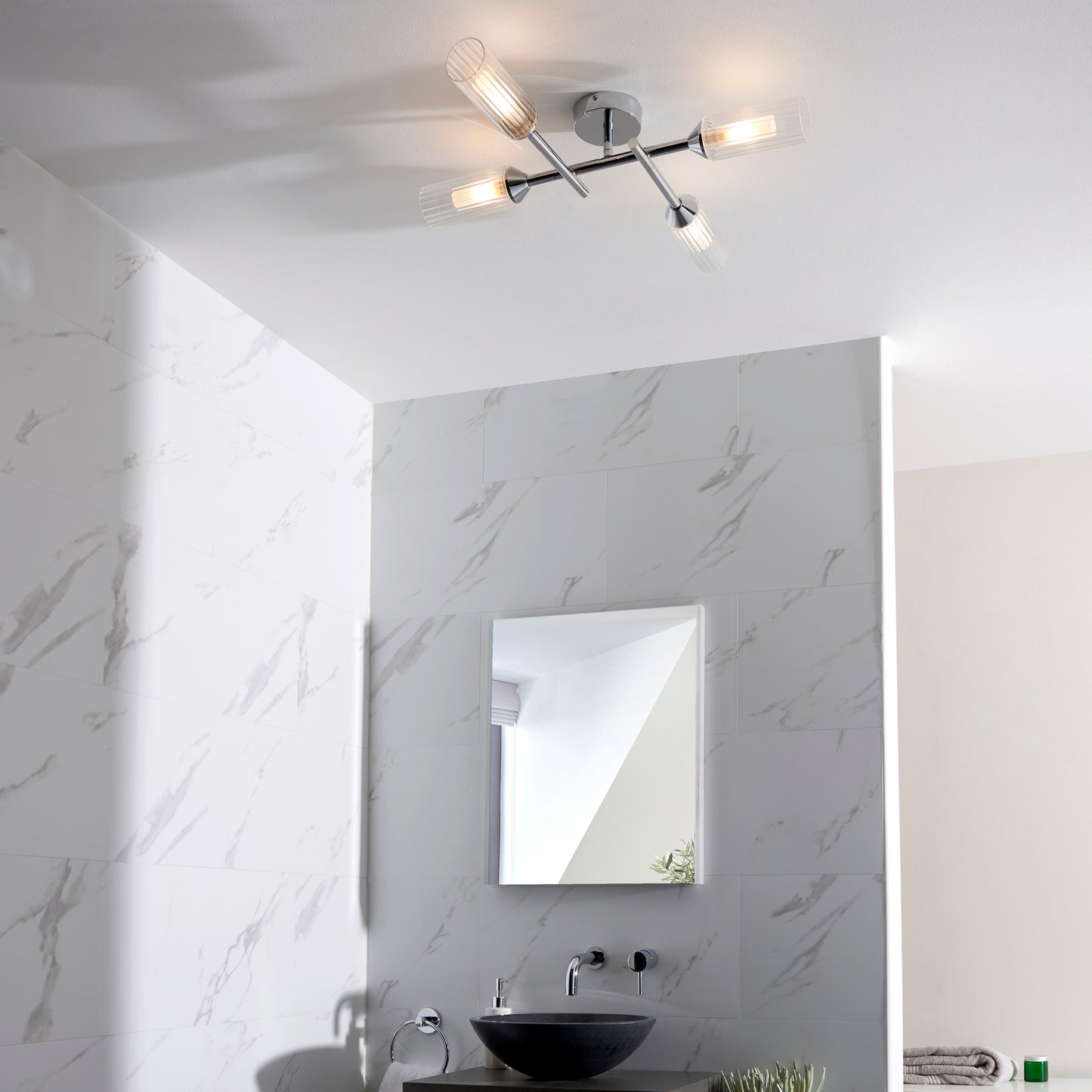 Polished Chrome & Ribbed Glass Four Lamp IP44 Semi-Flush Ceiling Light - ID 11637
