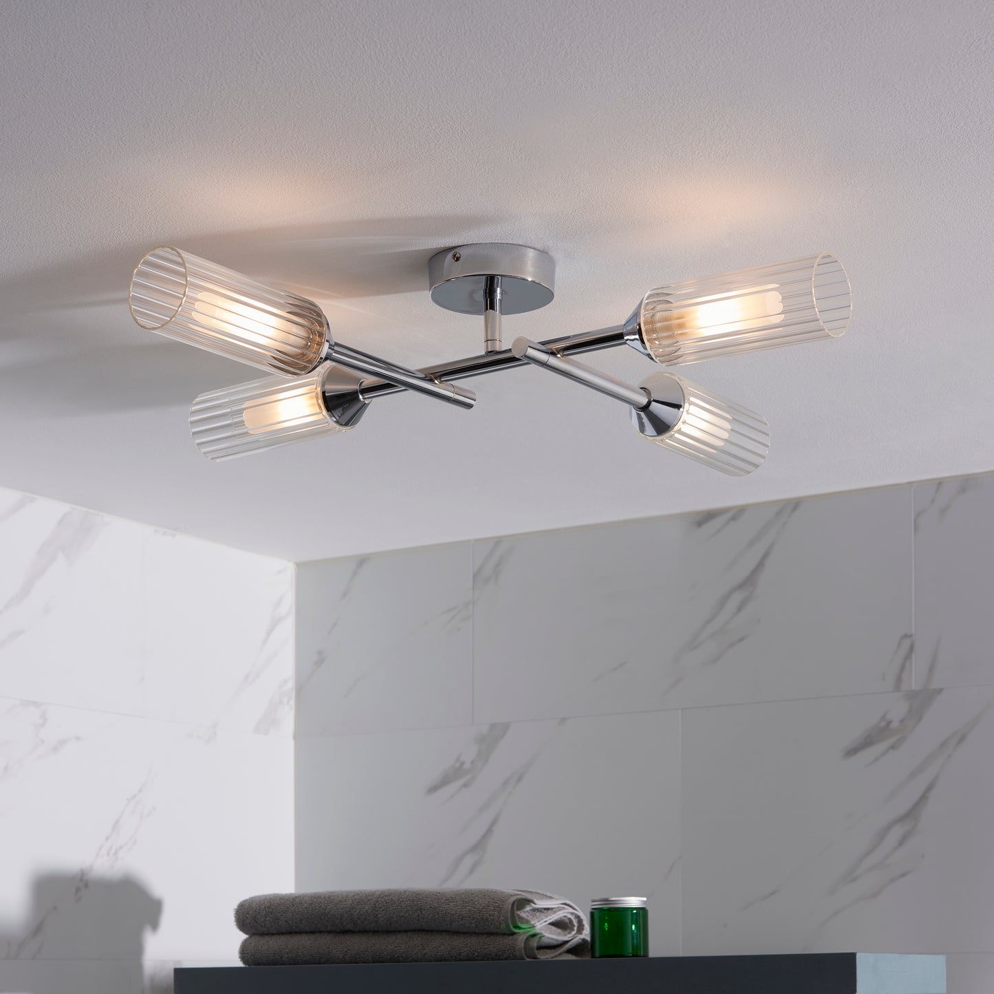 Polished Chrome & Ribbed Glass Four Lamp IP44 Semi-Flush Ceiling Light - ID 11637