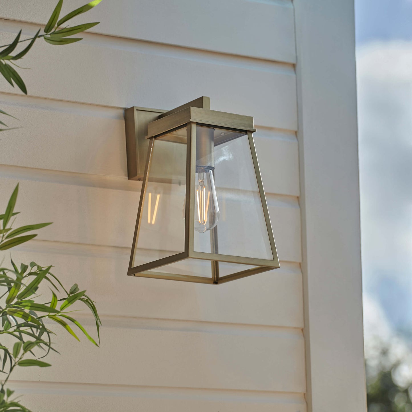 Matt Antique Brass Lantern Wall Light With Clear Glass - ID 12494
