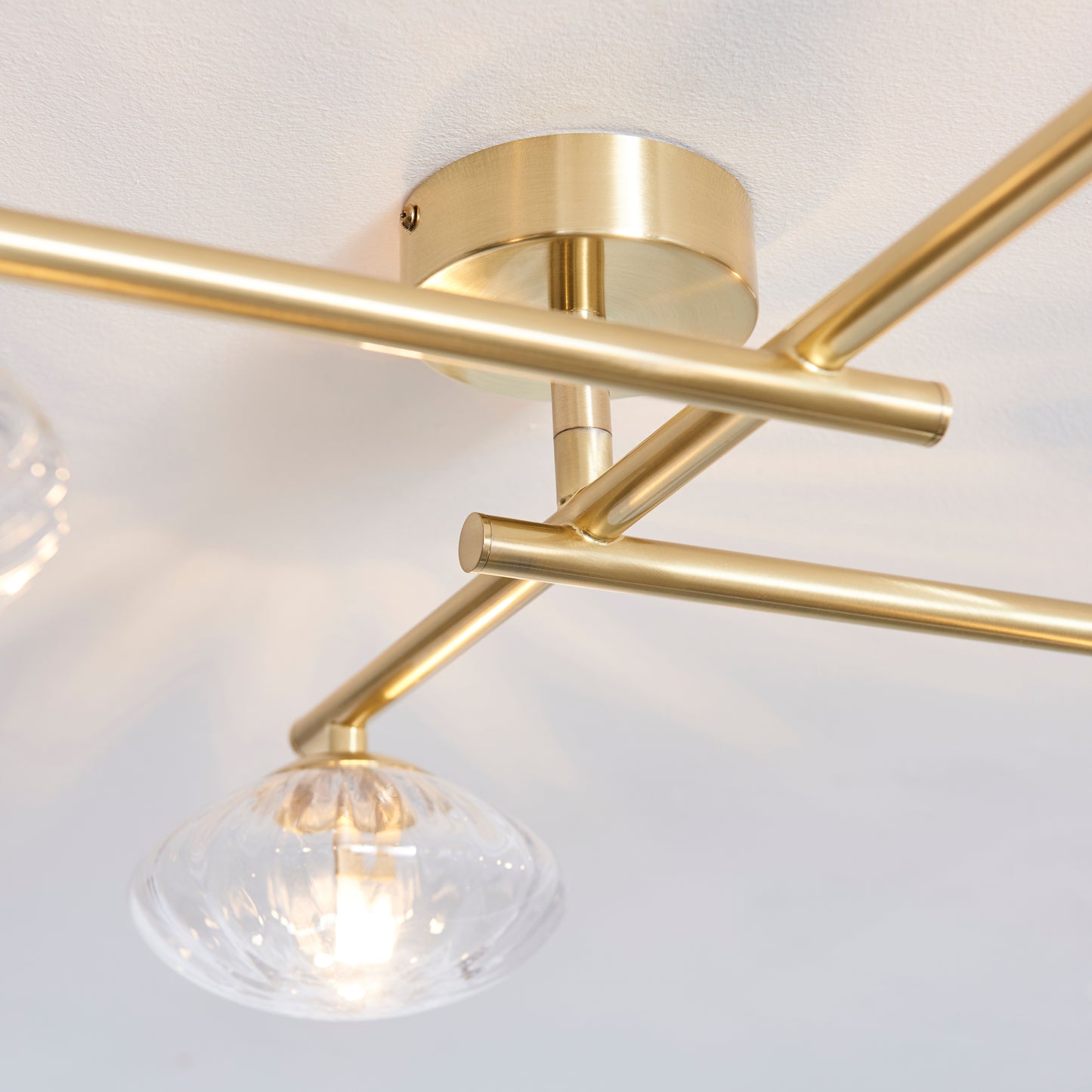 Satin Brass & Clear Ribbed Glass IP44 Semi-Flush Ceiling Light - ID 11534