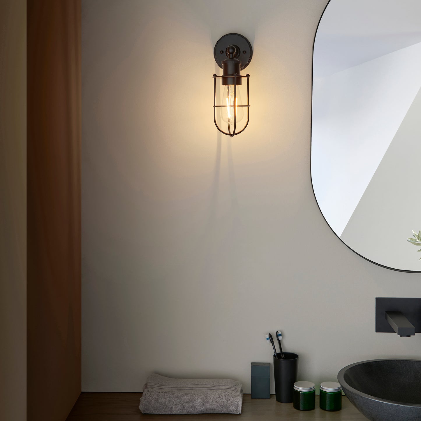 Industrial Caged Matt Black Bathroom Wall Light - ID 11665