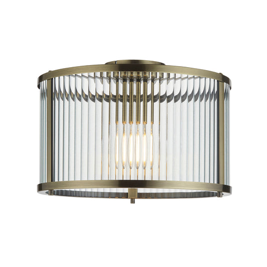 Antique Brass Semi-Flush with Clear Ribbed Glass Panels - ID 13505