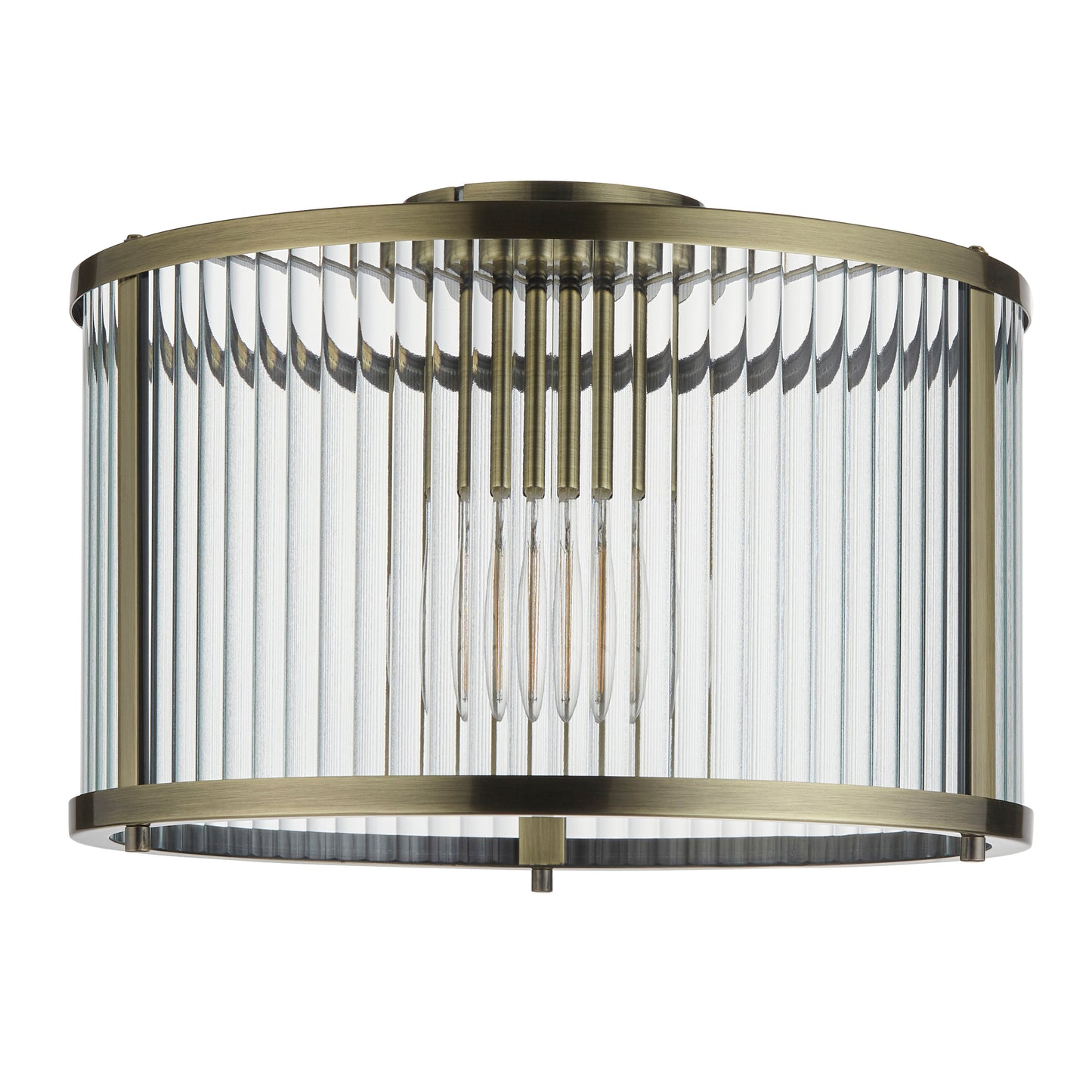 Antique Brass Semi-Flush with Clear Ribbed Glass Panels - ID 13505