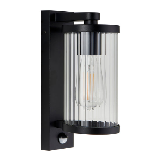 Outdoor Wall Light with Integrated PIR in Black with Ribbed Glass - ID 13968