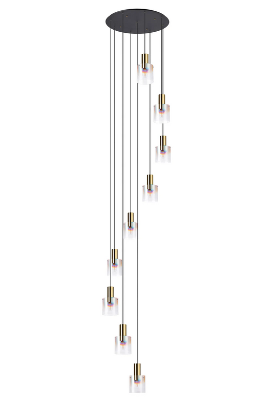 Bespoke Stairwell 9 Light Pendant with Brass & Sand Black Metalwork & Custom Finish Glass - ID 13778