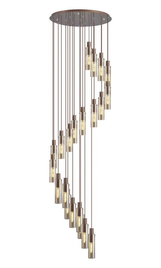 Bespoke Stairwell 21 Light Pendant with Brown & Polished Chrome Metalwork & Amber Fade Glass - ID 13780