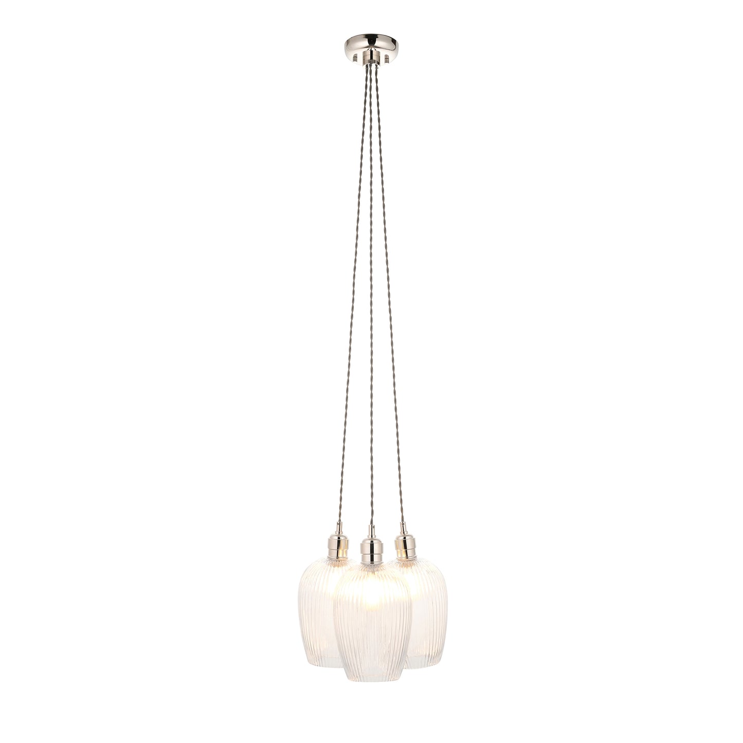 3 Light Wine Glass Cluster Pendant in Polished Nickel with Clear Ribbed Glass - ID 14906