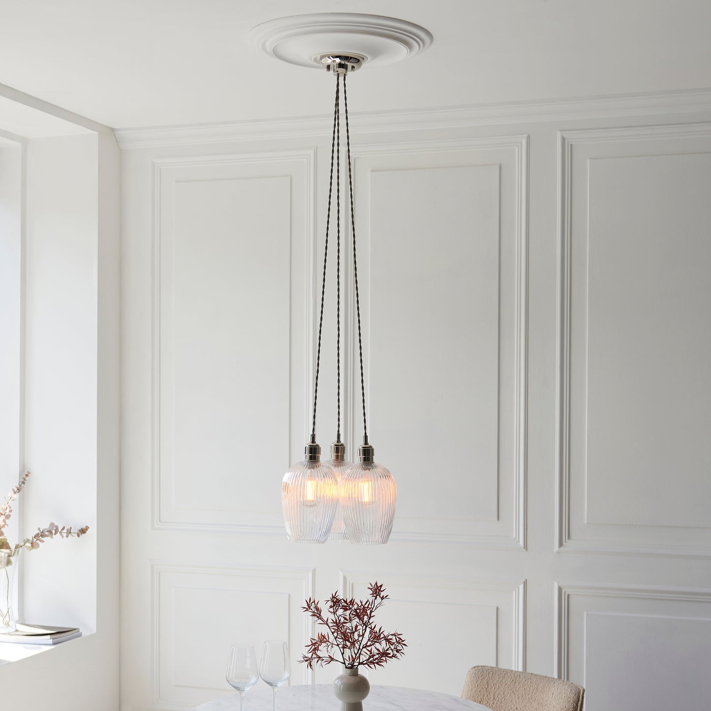 3 Light Wine Glass Cluster Pendant in Polished Nickel with Clear Ribbed Glass - ID 14906