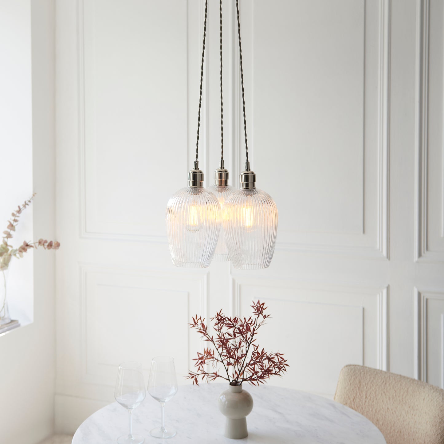 3 Light Wine Glass Cluster Pendant in Polished Nickel with Clear Ribbed Glass - ID 14906