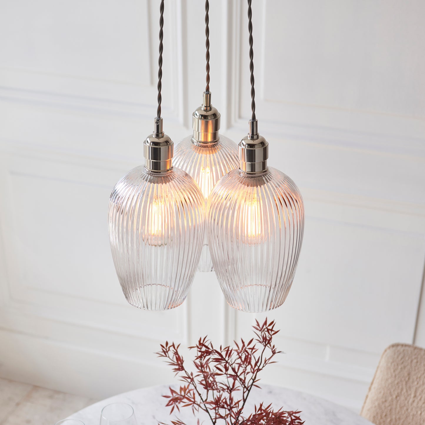 3 Light Wine Glass Cluster Pendant in Polished Nickel with Clear Ribbed Glass - ID 14906