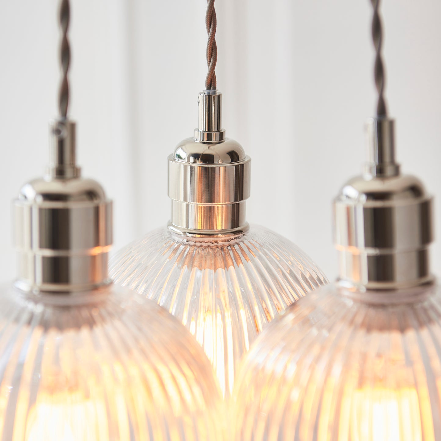3 Light Wine Glass Cluster Pendant in Polished Nickel with Clear Ribbed Glass - ID 14906