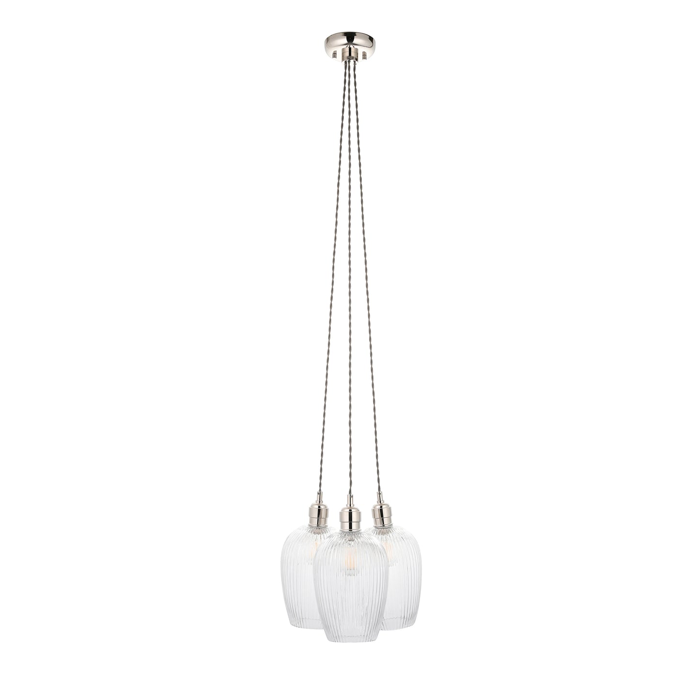 3 Light Wine Glass Cluster Pendant in Polished Nickel with Clear Ribbed Glass - ID 14906