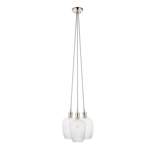 3 Light Wine Glass Cluster Pendant in Polished Nickel with Clear Ribbed Glass - ID 14906