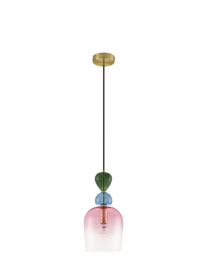 MUR Sandy Gold Metal Glossy Dark Green Blue Grey & Pink Glass Single Pendant - ID 12513