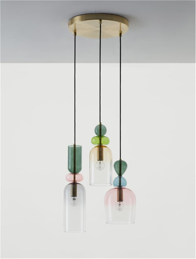 MUR Sandy Gold Metal Glossy Light & Dark Green Blue Grey Pink & Orange Glass 3 Lamp Multi Pendant - ID 12517