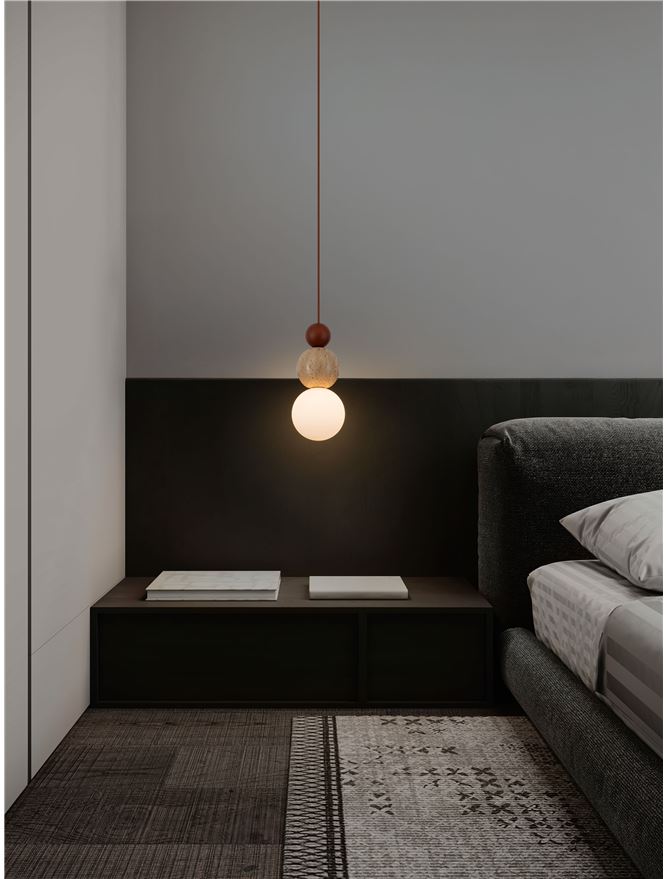 HUL Yellow Travertine,Wood & Opal Glass Pendant - ID 14116