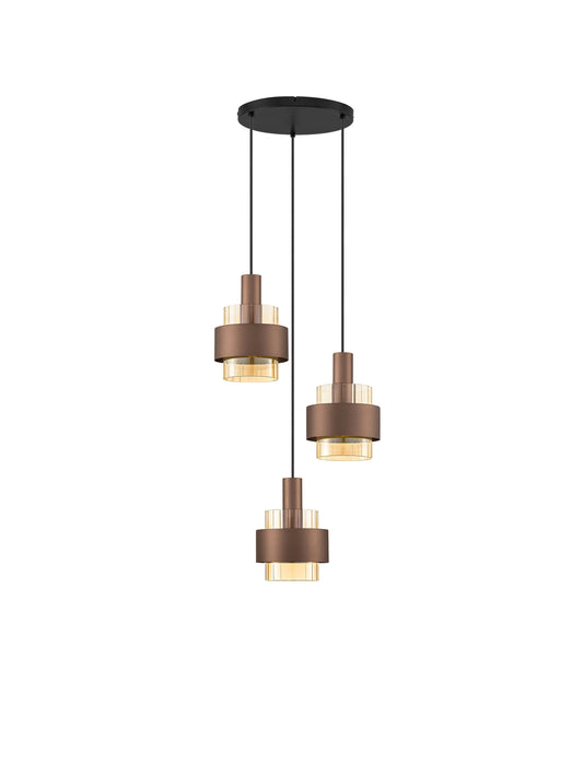 ENA Coffee & Ribbed Amber Glass 3 Light Multi Pendant - ID 14728