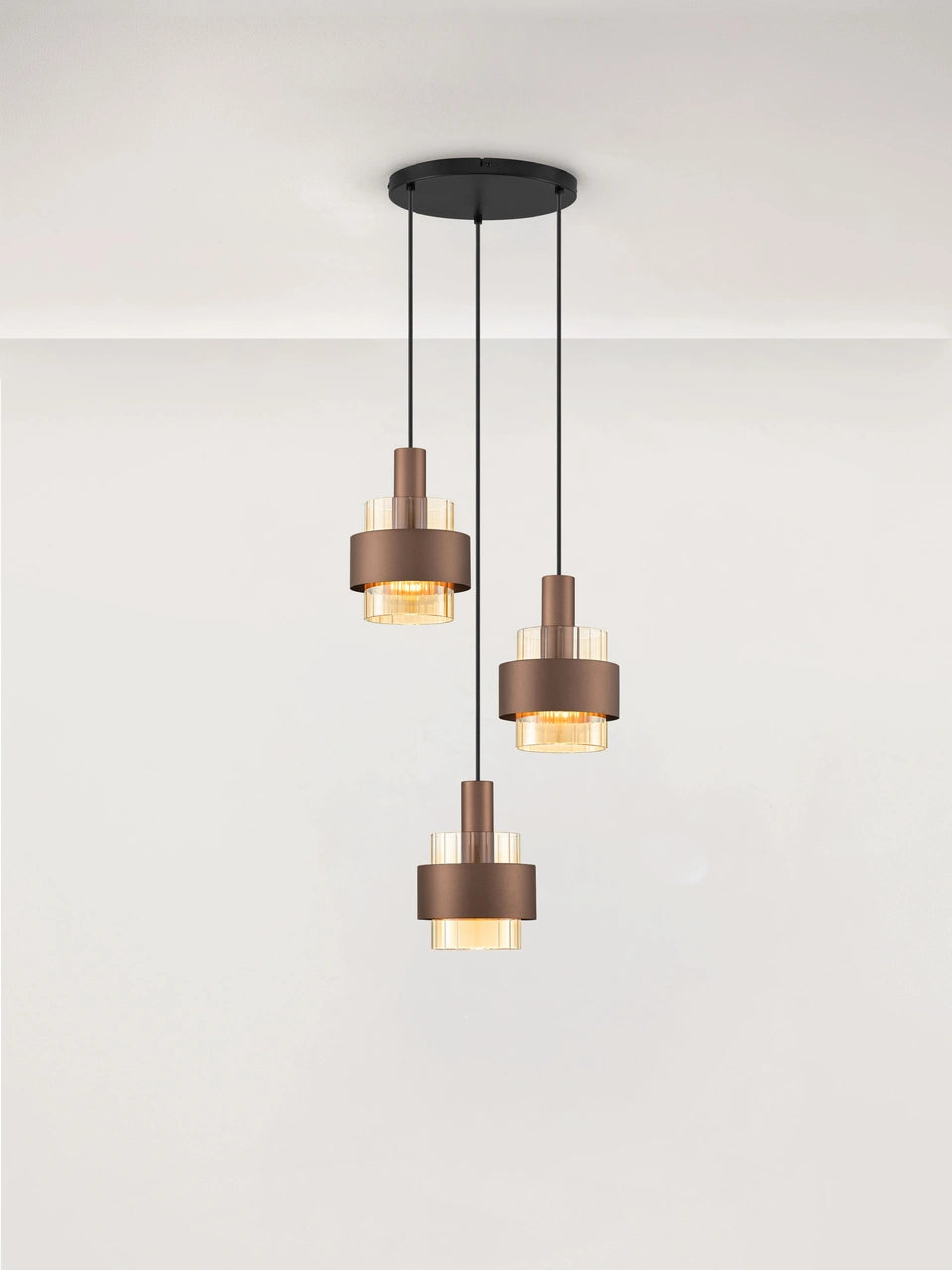 ENA Coffee & Ribbed Amber Glass 3 Light Multi Pendant - ID 14728