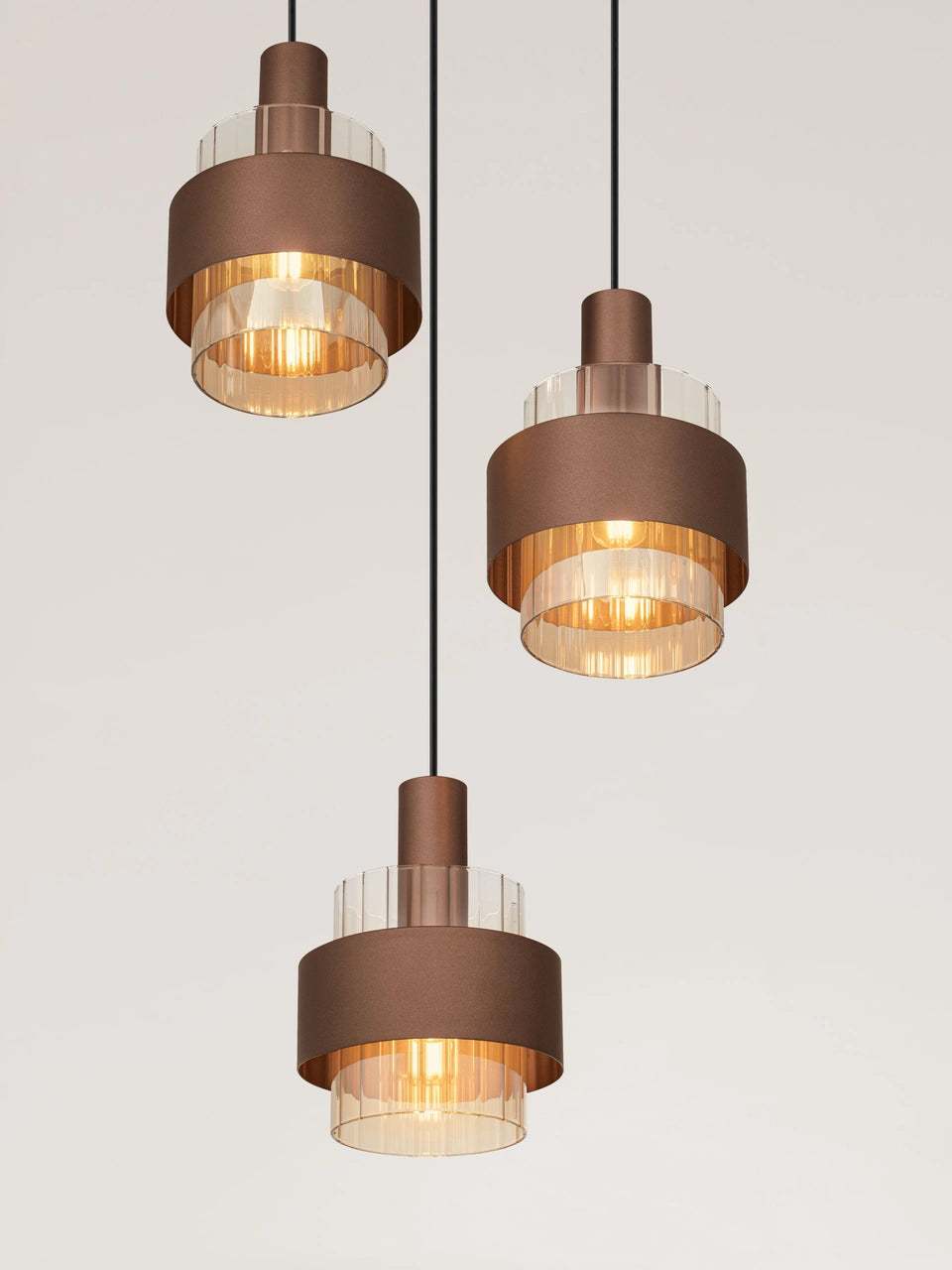 ENA Coffee & Ribbed Amber Glass 3 Light Multi Pendant - ID 14728