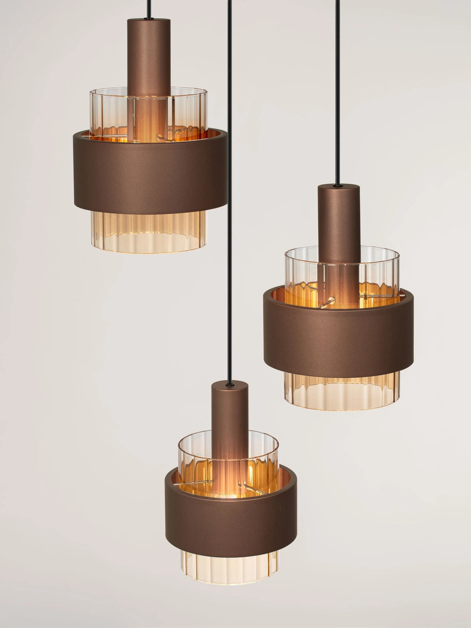 ENA Coffee & Ribbed Amber Glass 3 Light Multi Pendant - ID 14728