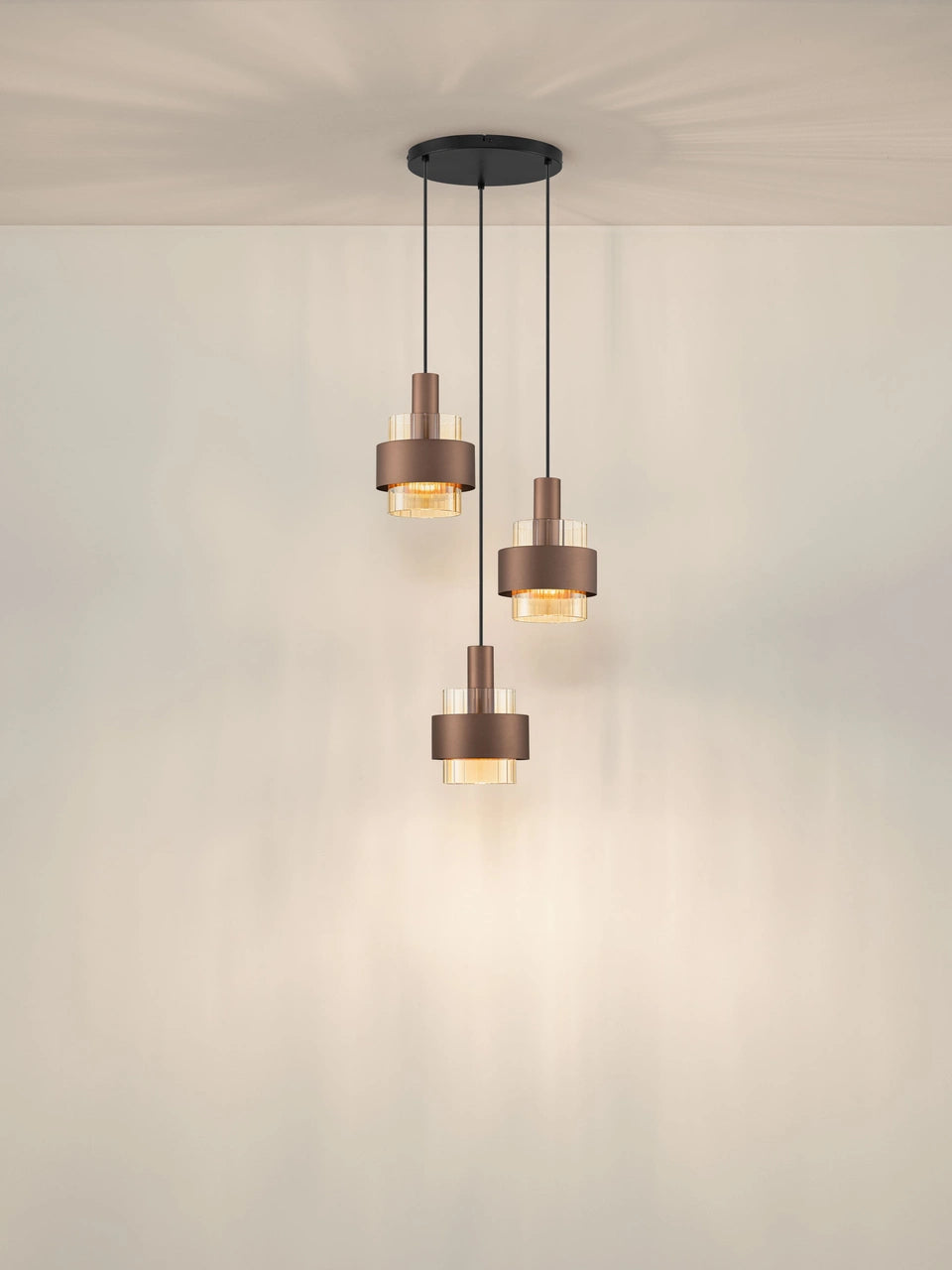 ENA Coffee & Ribbed Amber Glass 3 Light Multi Pendant - ID 14728