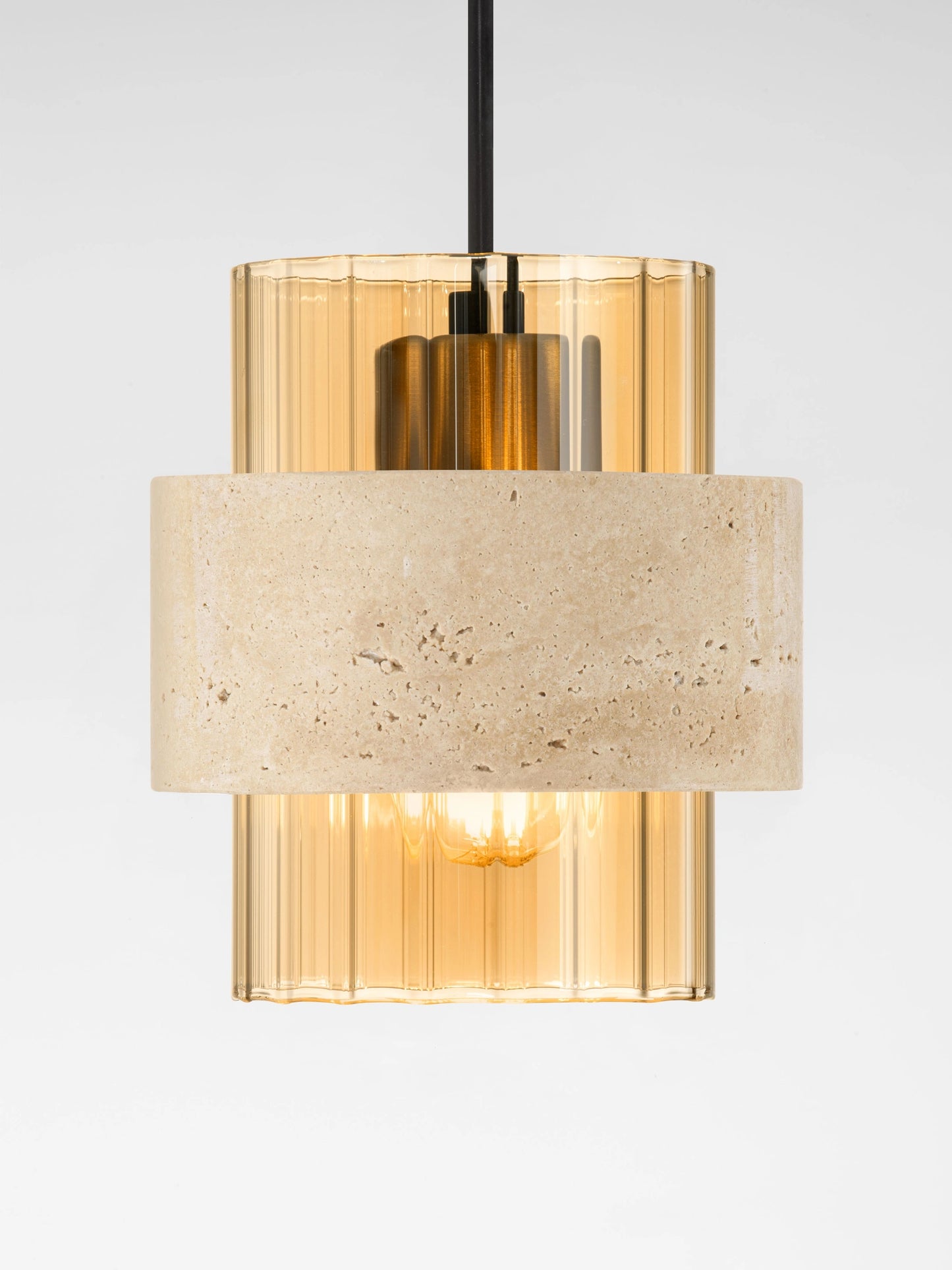ELO Natural Travertine & Ribbed Amber Glass Single Pendant - ID 14734