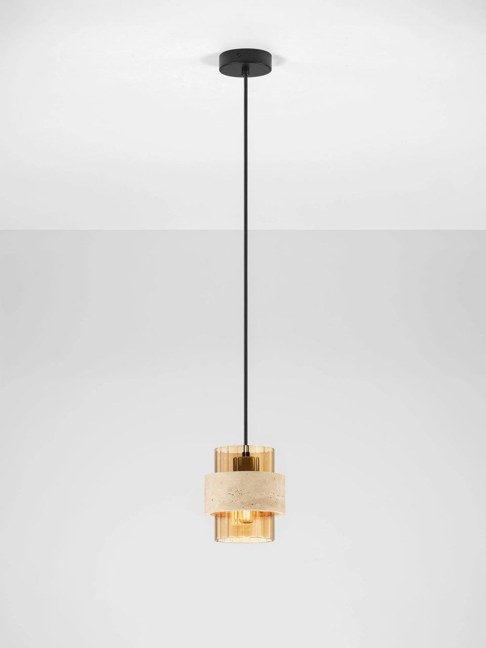ELO Natural Travertine & Ribbed Amber Glass Single Pendant - ID 14734