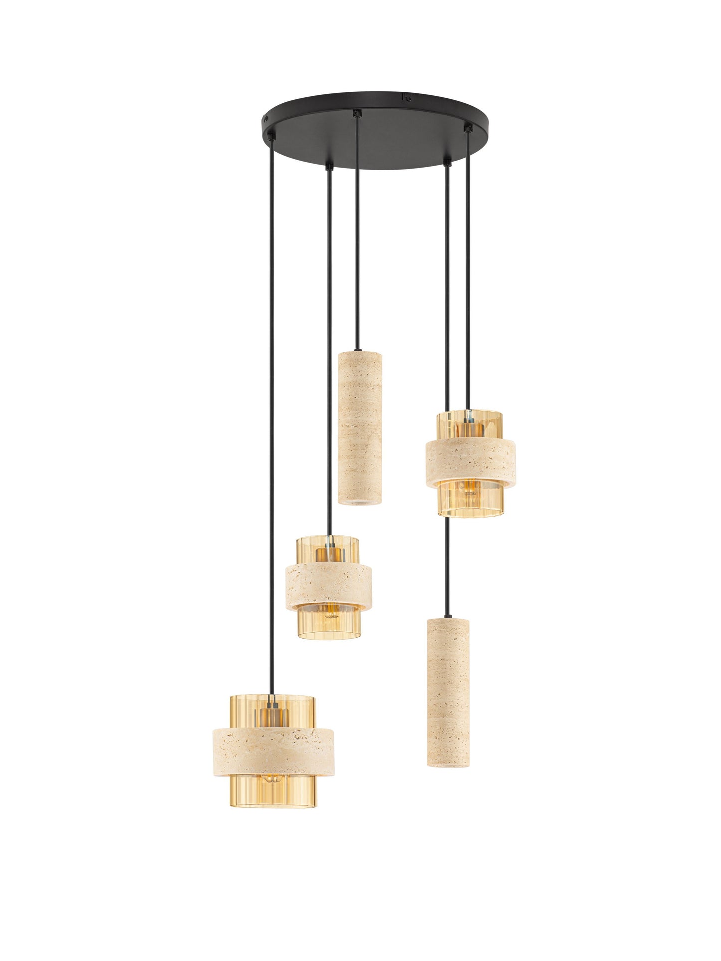 ELO Natural Travertine & Ribbed Amber Glass 5 Light Multi Pendant - ID 14735