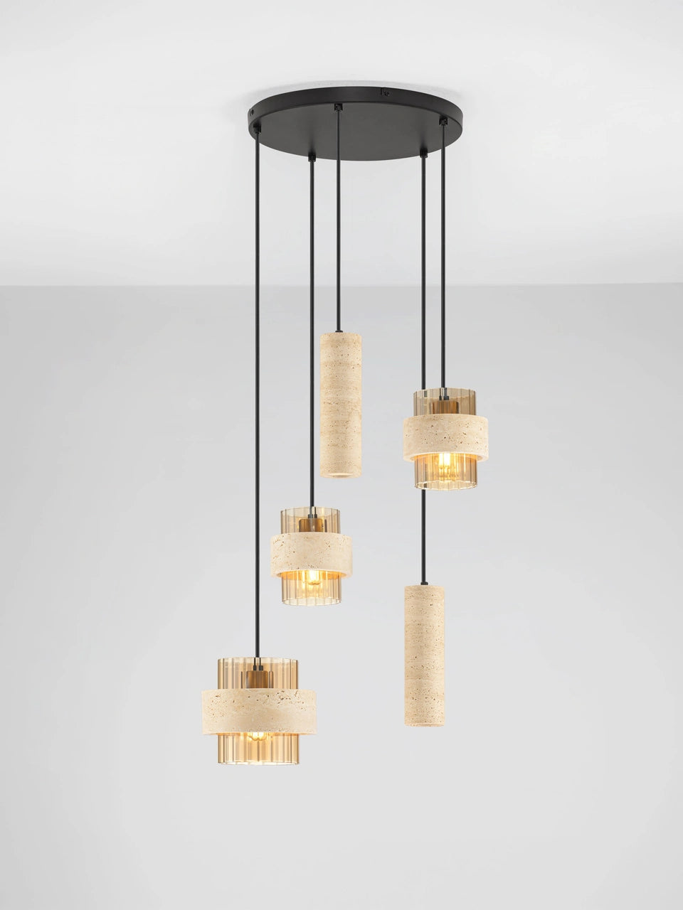 ELO Natural Travertine & Ribbed Amber Glass 5 Light Multi Pendant - ID 14735