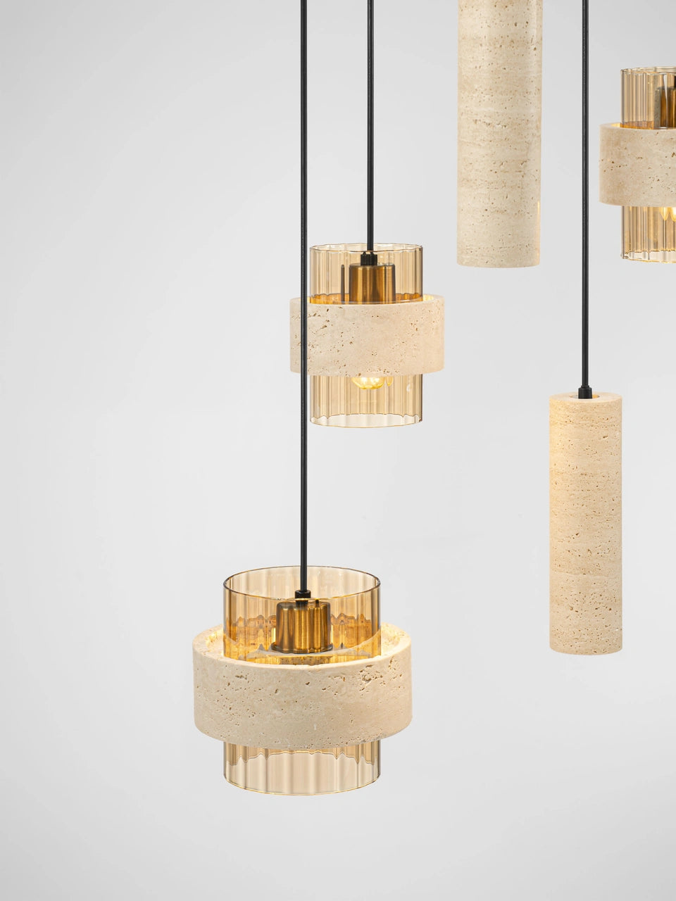 ELO Natural Travertine & Ribbed Amber Glass 5 Light Multi Pendant - ID 14735
