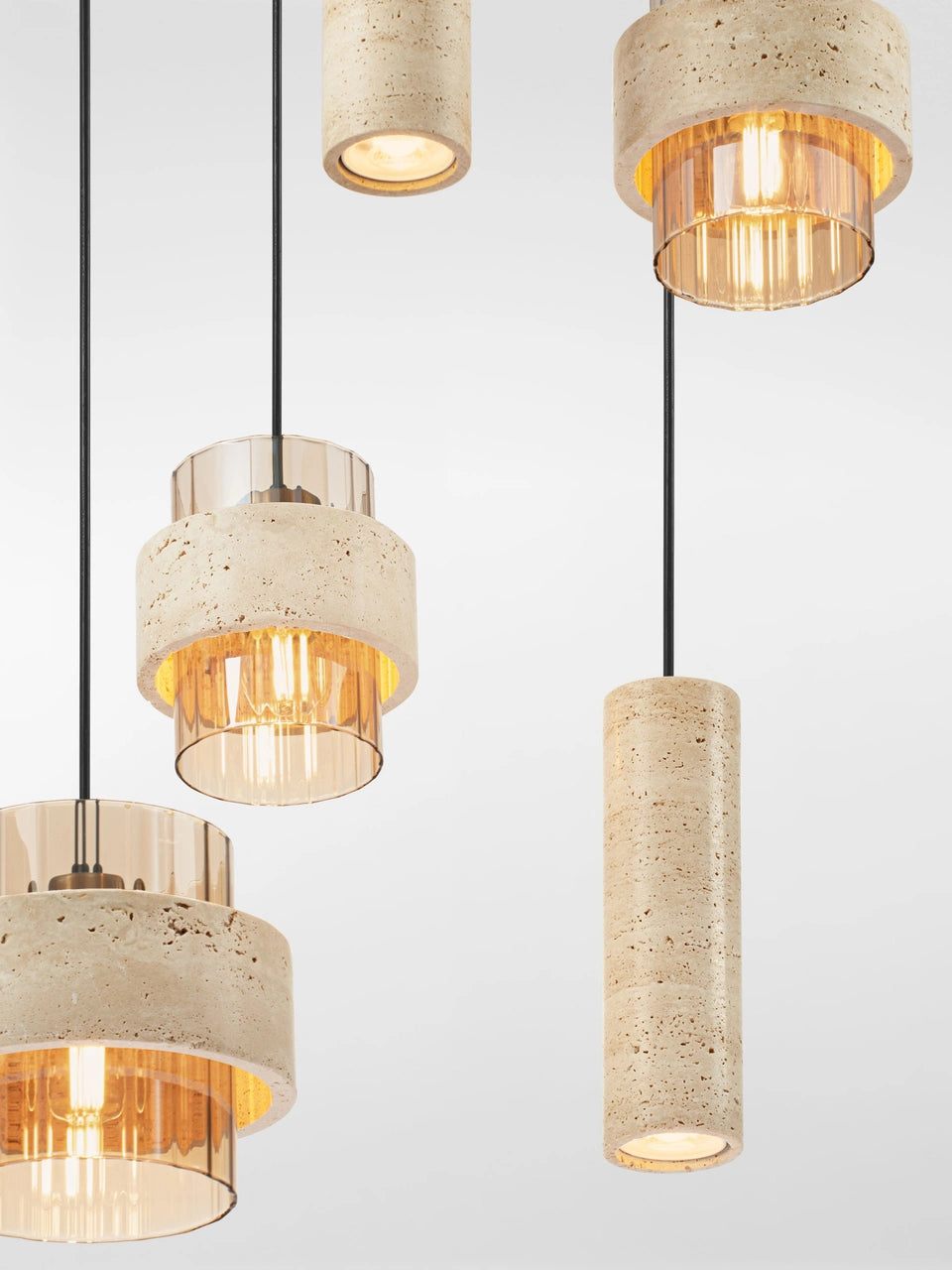 ELO Natural Travertine & Ribbed Amber Glass 5 Light Multi Pendant - ID 14735