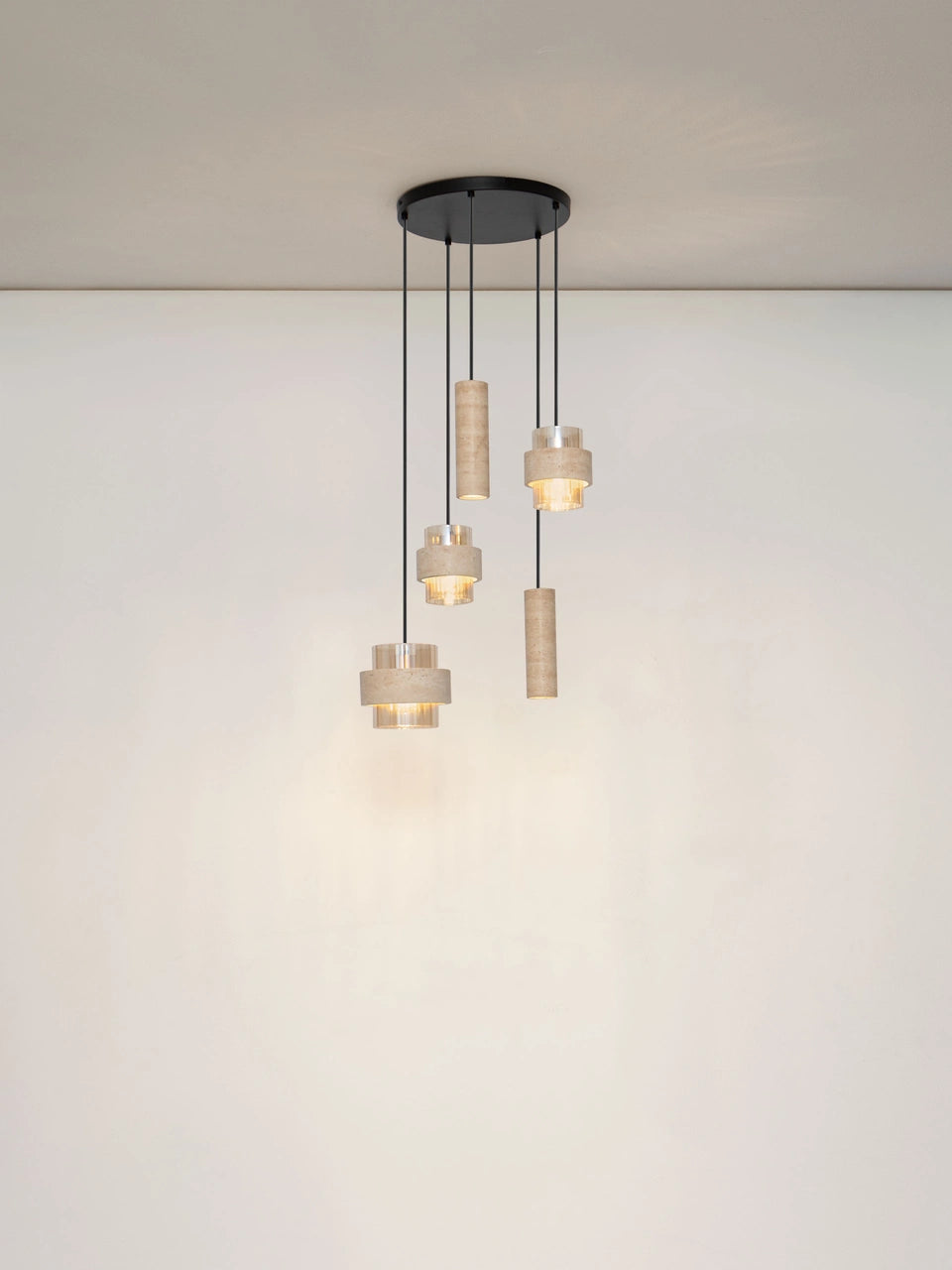ELO Natural Travertine & Ribbed Amber Glass 5 Light Multi Pendant - ID 14735