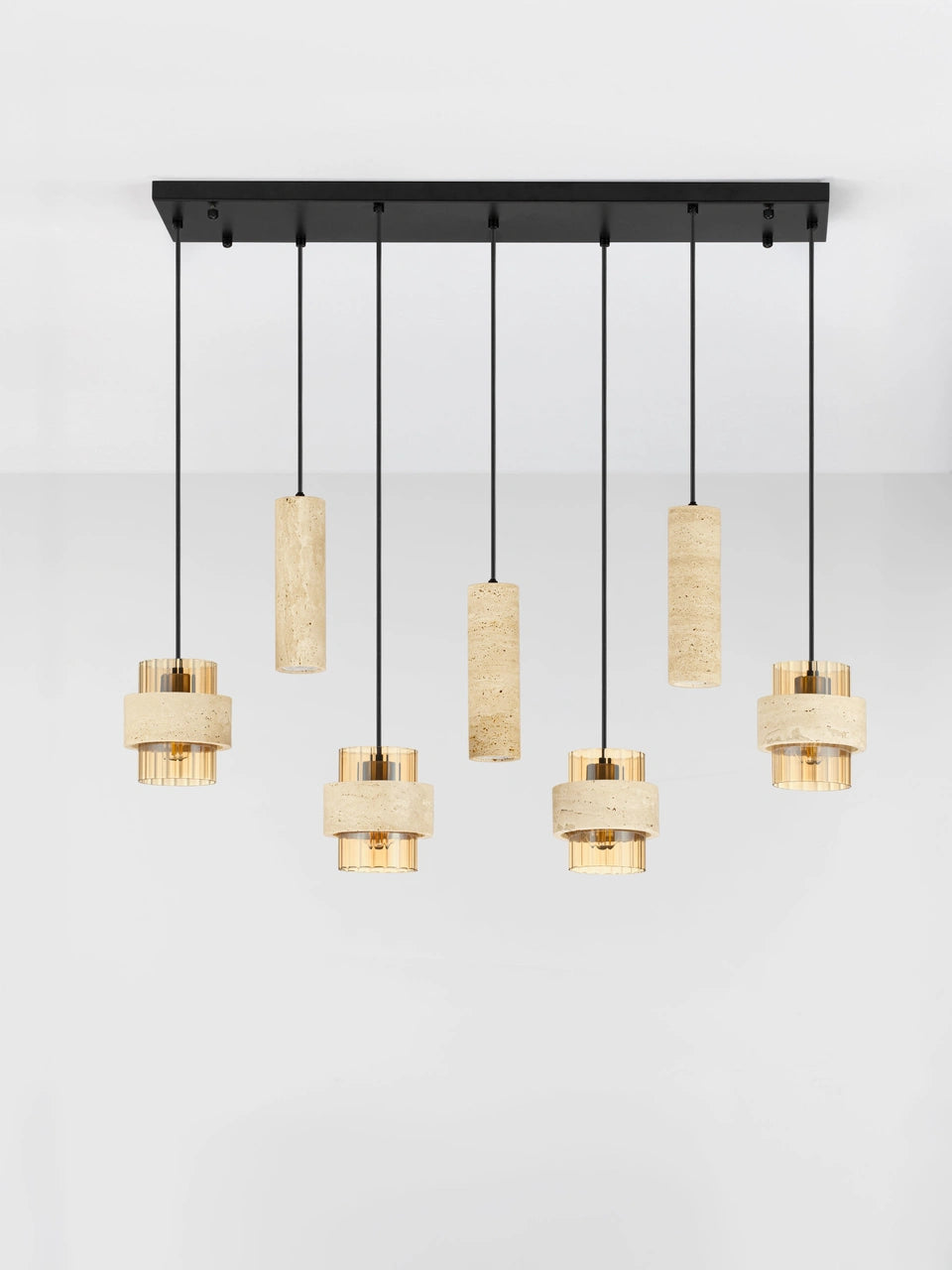 ELO Natural Travertine & Ribbed Amber Glass 7 Light Linear Pendant - ID 14737