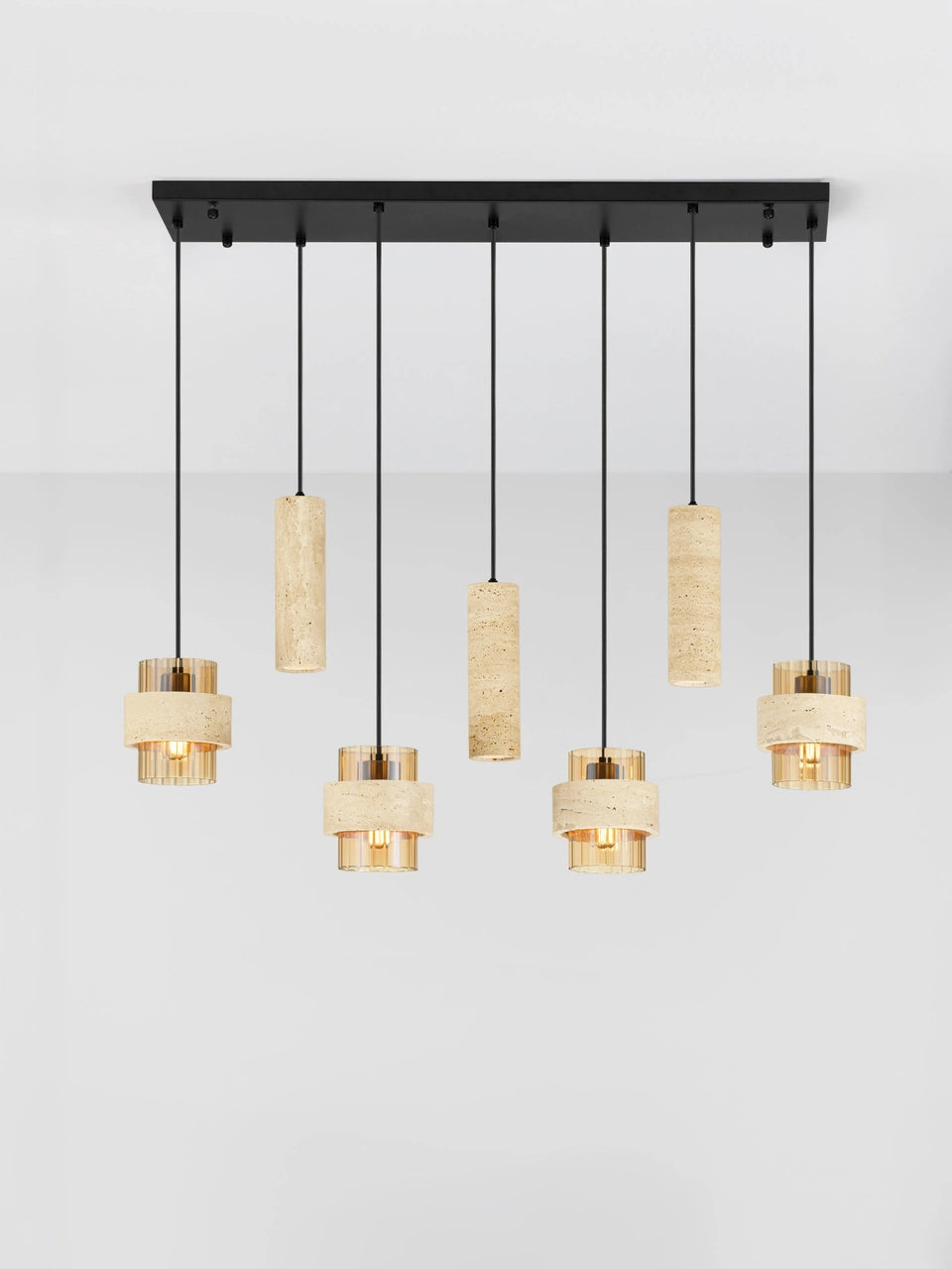 ELO Natural Travertine & Ribbed Amber Glass 7 Light Linear Pendant - ID 14737