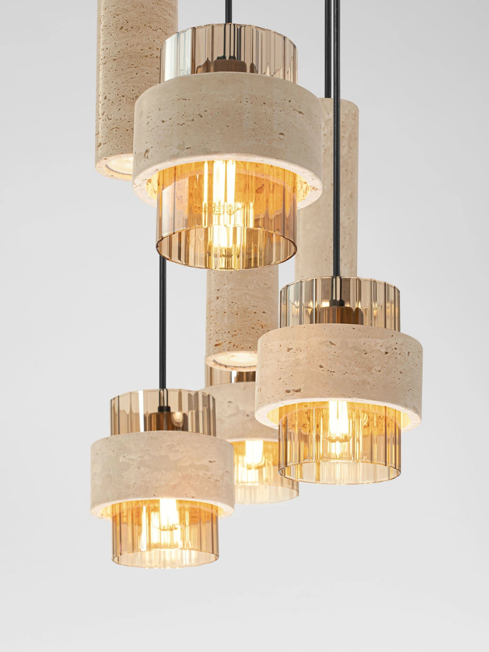 ELO Natural Travertine & Ribbed Amber Glass 7 Light Linear Pendant - ID 14737