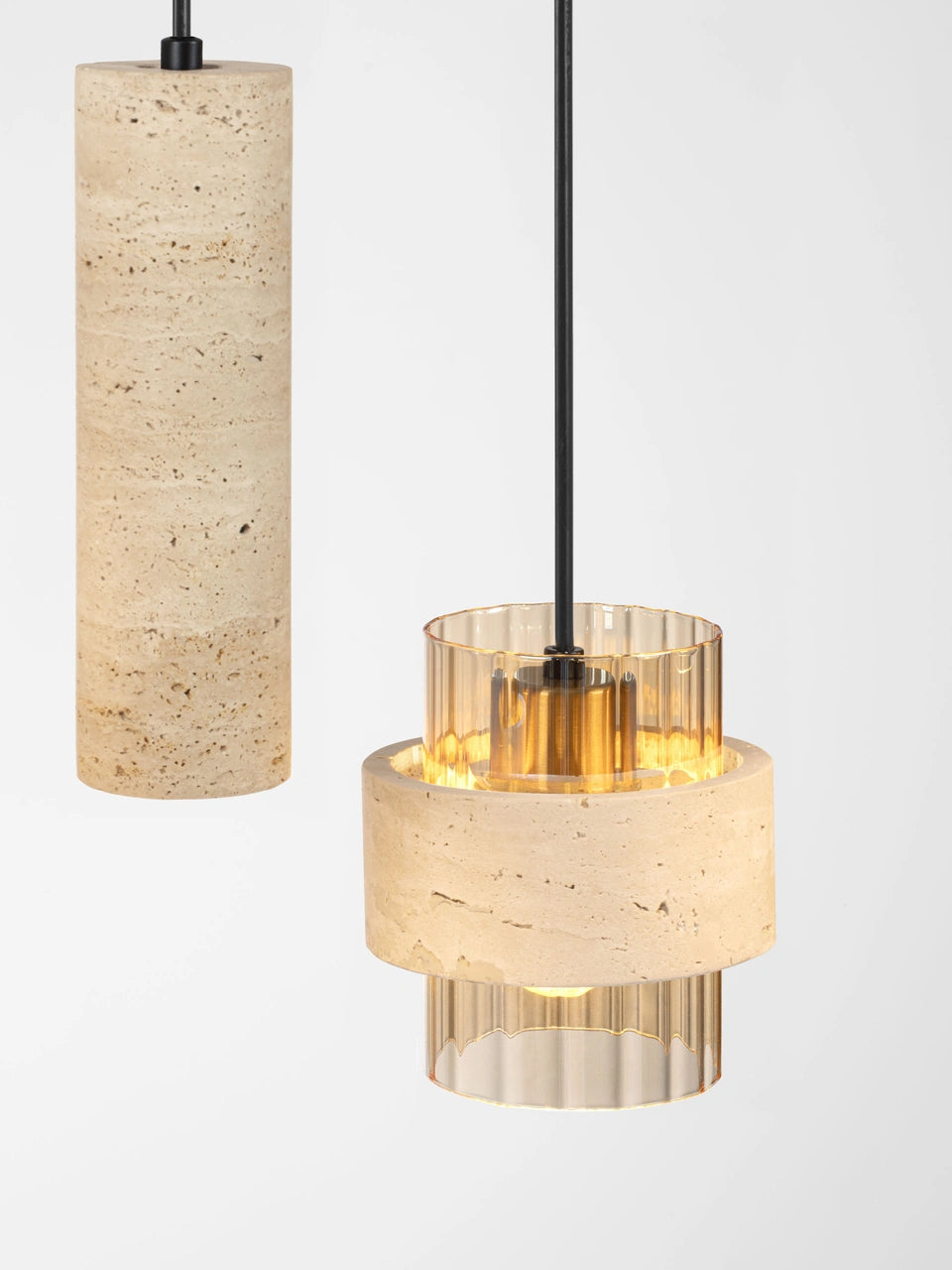 ELO Natural Travertine & Ribbed Amber Glass 7 Light Linear Pendant - ID 14737
