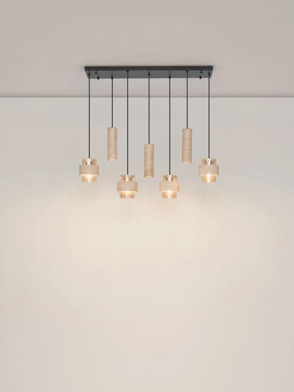 ELO Natural Travertine & Ribbed Amber Glass 7 Light Linear Pendant - ID 14737