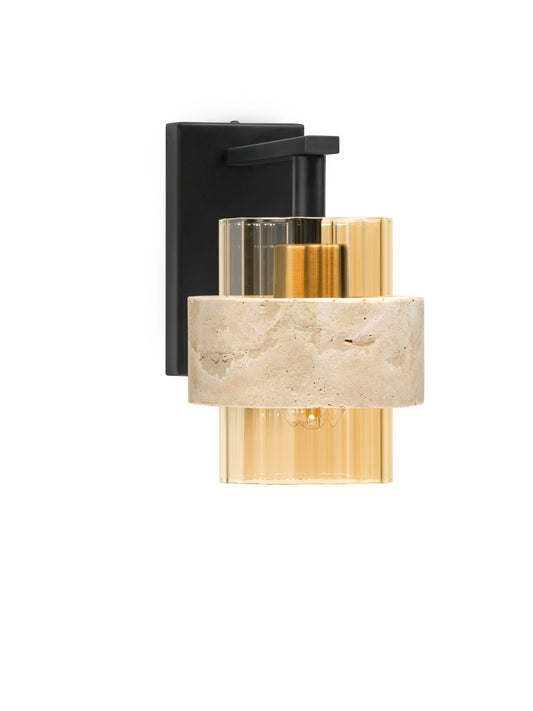 ELO Natural Travertine & Ribbed Amber Glass Wall Light - ID 14740