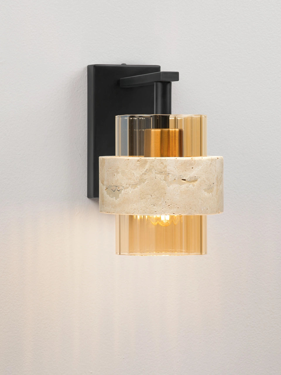 ELO Natural Travertine & Ribbed Amber Glass Wall Light - ID 14740