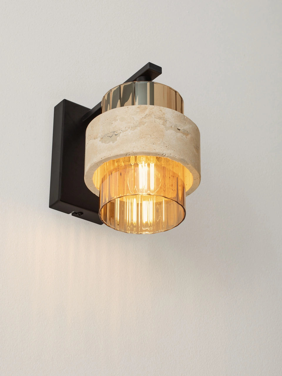 ELO Natural Travertine & Ribbed Amber Glass Wall Light - ID 14740